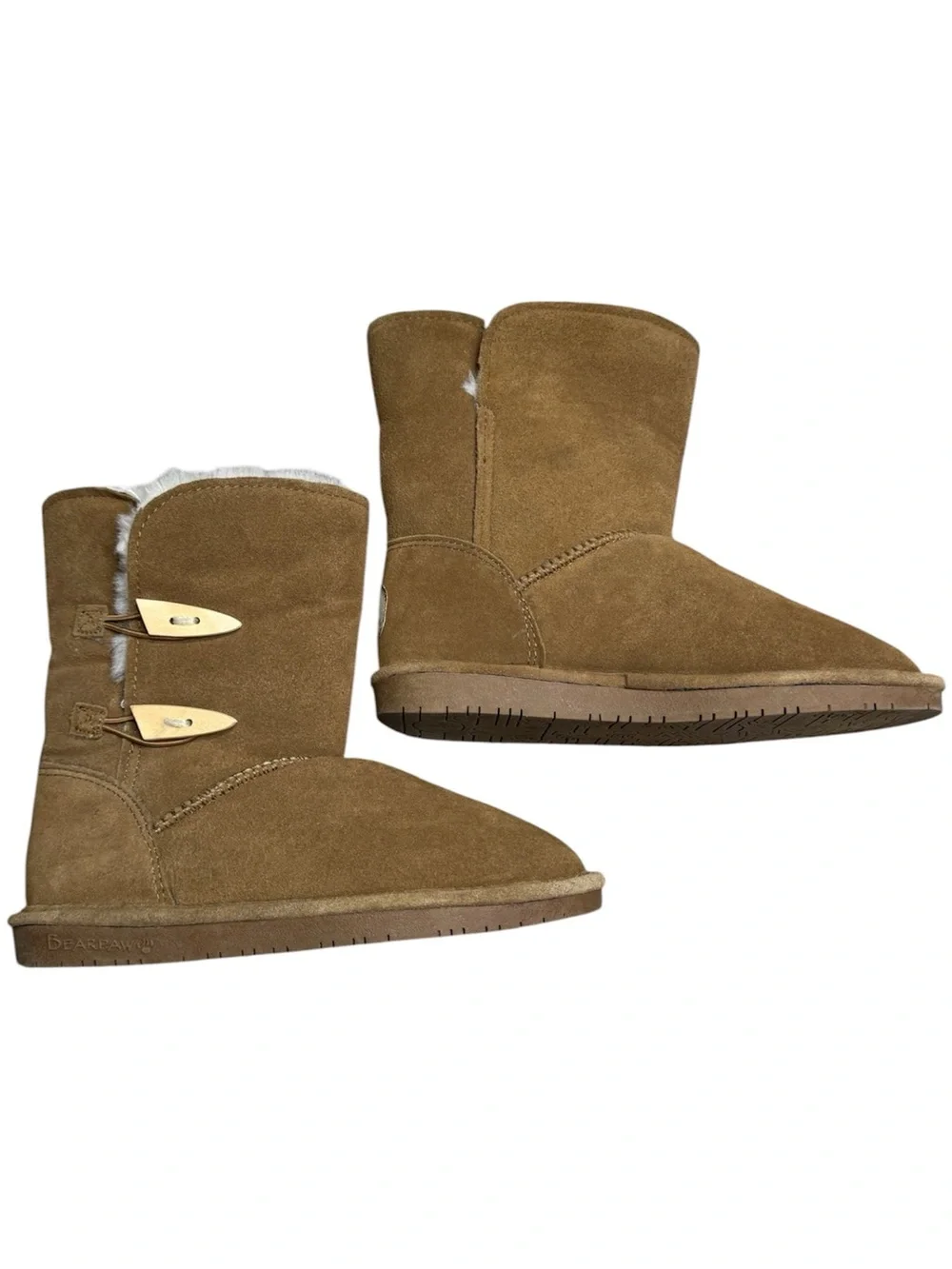 BEARPAW Brown Suede Sheepskin Lined Winter Boots Women’s Size 7 Toggle Mid Calf